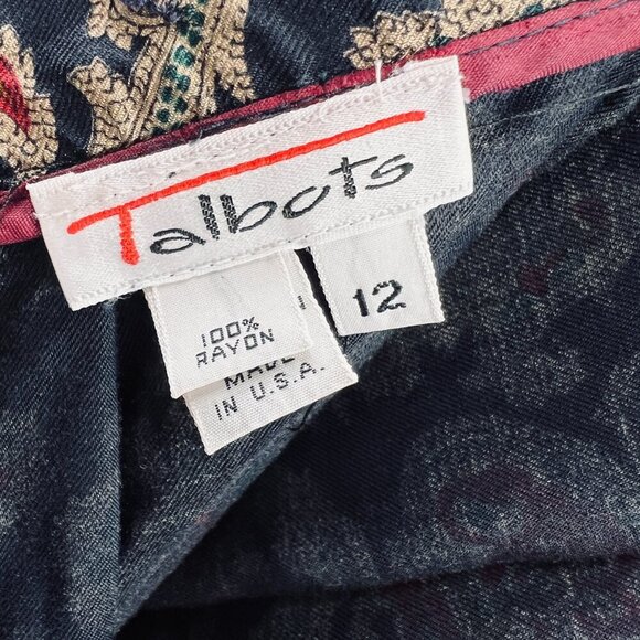Talbots Womens Pleated Skirt 12 Black Brown Paisley Print Zip‎ Back Vintage USA - Picture 5 of 8